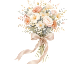 Bouquet de fleurs aquarelle PNG, pêche et fleurs de mariage crème en téléchargement numérique