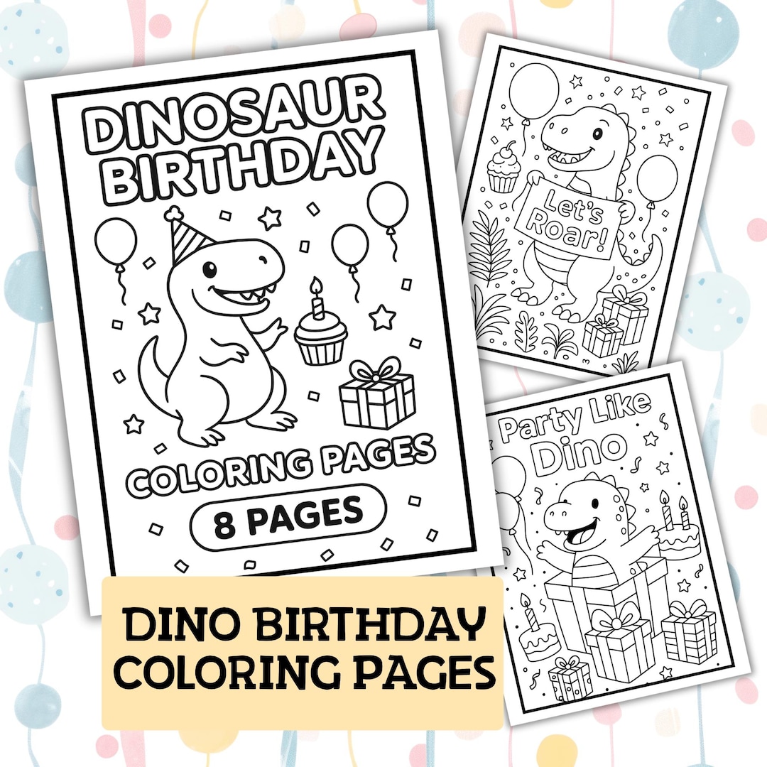Dinosaur Birthday Coloring Pages, Kids Party Activity Printable, Dino ...