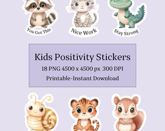 Animal Positivity Aufkleber für Kinder, Kinder motivierende Zitate PNG (digitaler Download)