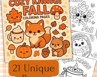 Cozy Kawaii Fall Coloring Pages, Printable Fall Coloring Book for Kids & Adults
