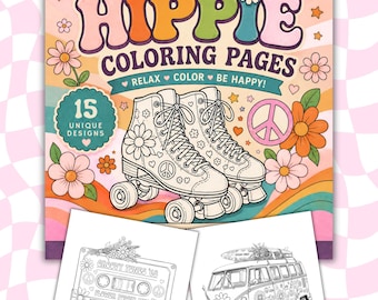 Pages à colorier hippie, livre de coloriage groovy, esthétique rétro des années 60 et 70, téléchargement immédiat au format PDF imprimable