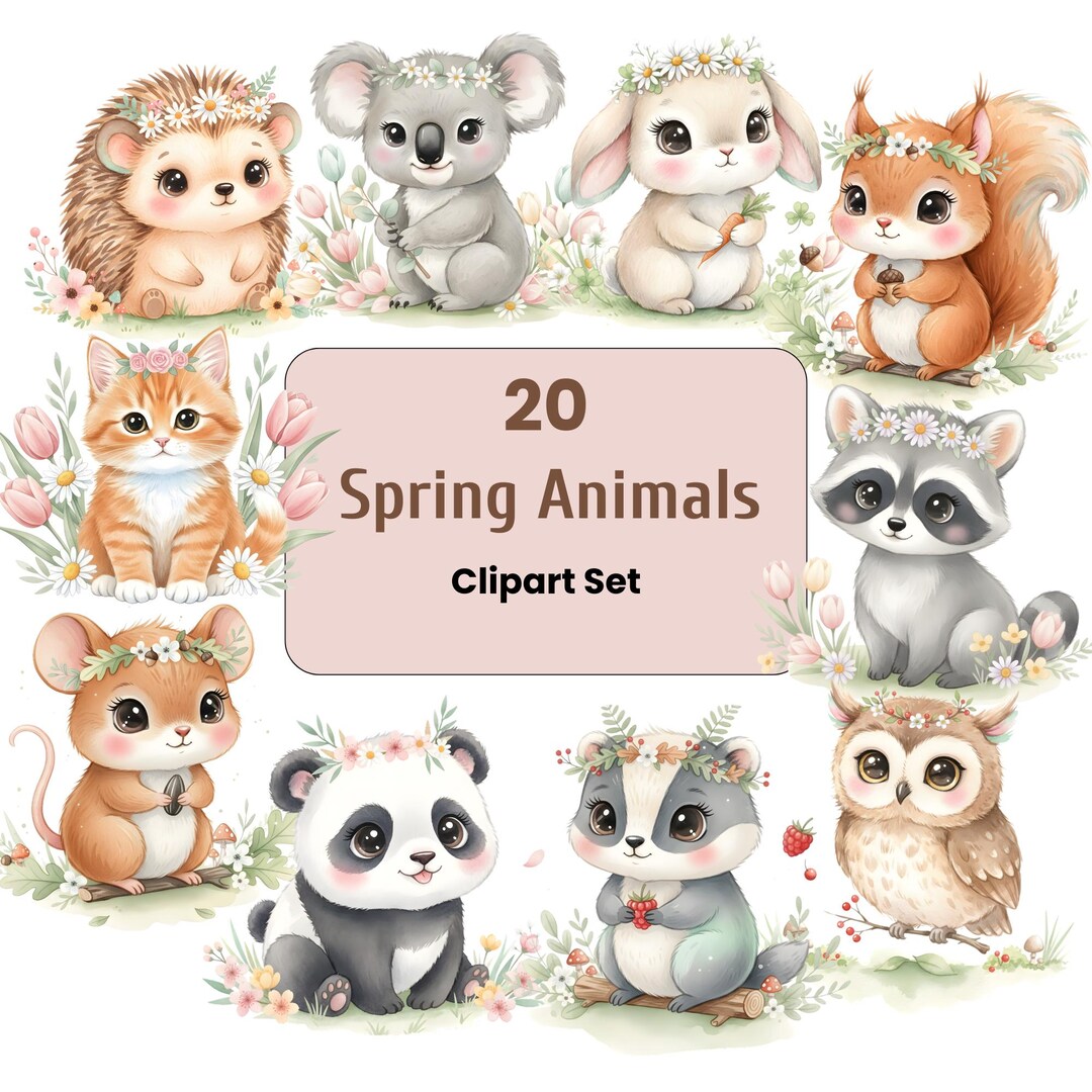 Bitmap Spring Animals Spring Animals Clipart Set, Watercolor Floral Baby Animals PNG (digital ...