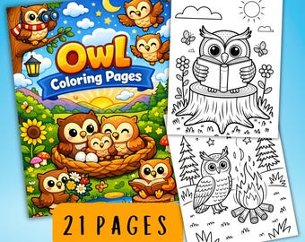 May include: A colorful owl coloring book with the title "Owl Coloring Pages" and the text "21 Pages". The cover features cartoon owls in a forest setting. Two coloring pages are visible, each with a different owl illustration.
