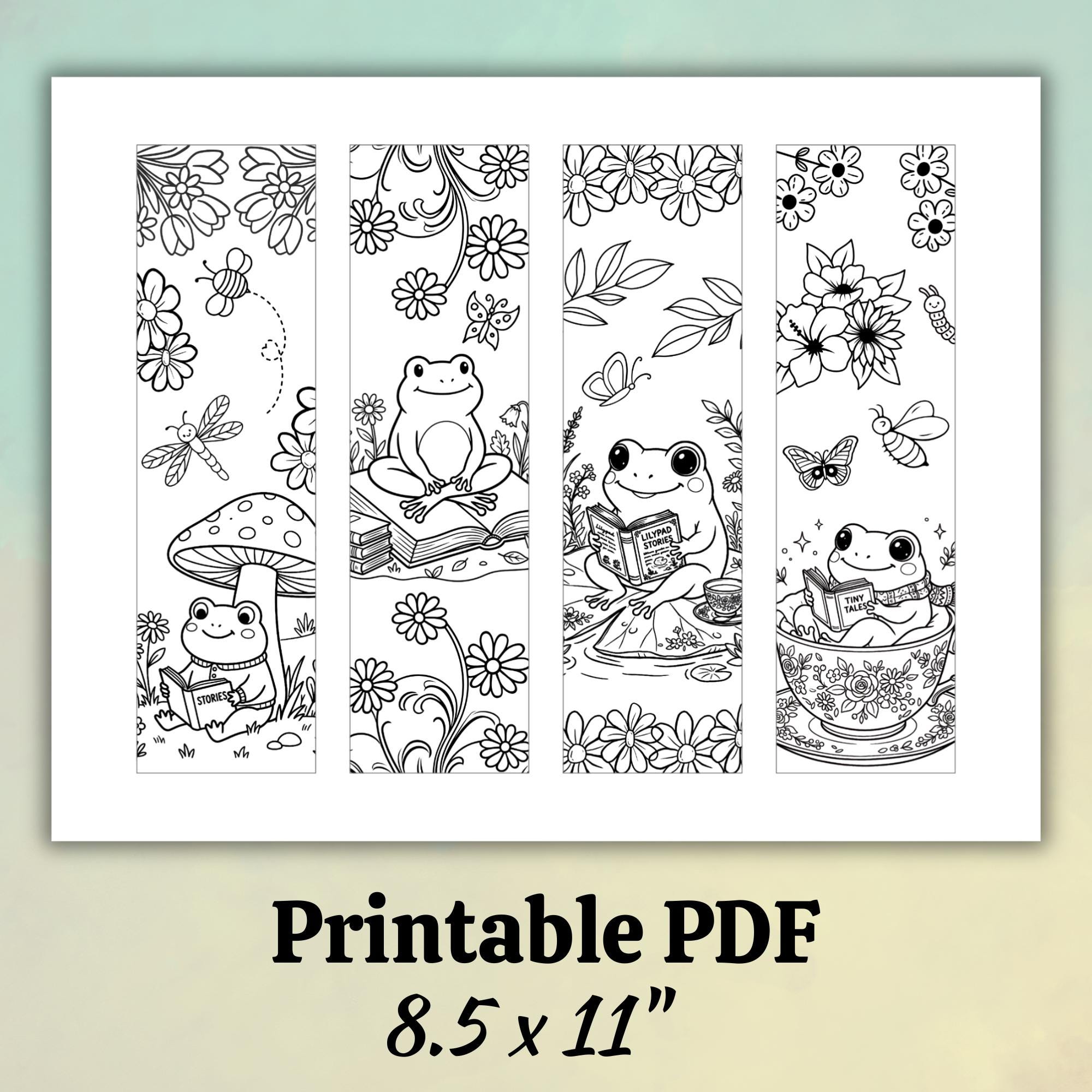 Cute Frog Bookmarks to Color, Printable Cottagecore Coloring Bookmarks ...