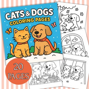 Puede incluir: Un libro para colorear para niños titulado "CATS & DOGS COLORING PAGES" con un gato y un perro de dibujos animados en la portada. La portada es azul con texto naranja y amarillo. El libro contiene 20 páginas de ilustraciones en blanco y negro de gatos y perros.