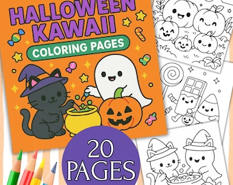 Cute Halloween Kawaii Coloring Pages, Spooky Coloring Sheets For Kids and Adults, Instant Download PDF