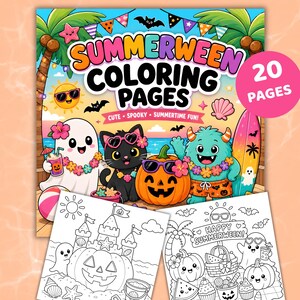 May include: A Summerween coloring book cover featuring a ghost, black cat, pumpkin, and monster on a beach with palm trees and surfboards. The text reads Summerween Coloring Pages Cute Spooky Summertime Fun. Includes 20 pages and two black and white sample pages.