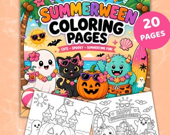 Summerween Coloring Pages Printable, Halloween Summer Coloring Activity, Cute Spooky Coloring Book for Kids and Adults