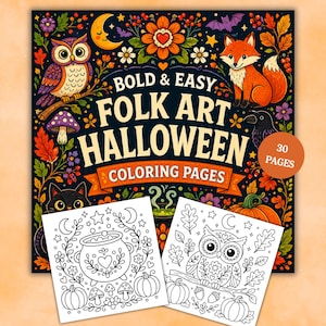 Bold and Easy Folk Art Halloween Coloring Pages, Autumn Printable Coloring Book, Relaxing Simple Adult Coloring Sheets PDF Download