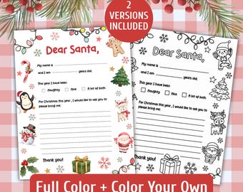Dear Santa Letter Printable for Kids, Santa Wish List, Color & Coloring Page Version, Christmas Letter to Santa PDF JPG