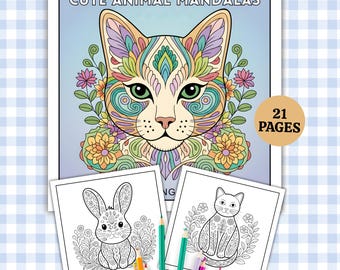 May include: A coloring book titled "Cute Animal Mandalas" featuring a detailed cat illustration on the cover. The book includes 21 pages and two sample coloring pages with a bunny and a cat. Colored pencils are visible.