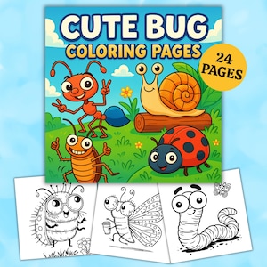 Puede incluir: Un libro para colorear para niños titulado "Cute Bug Coloring Pages" con una portada con insectos de dibujos animados. La portada muestra una hormiga, un caracol, una mariquita y una cucaracha. Debajo, tres páginas para colorear.