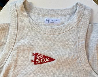 Embroidered Red Sox Summer Tank Top | Boston Baseball Game Day Shirt | Go Sox Pennant Graphic Tank | Embroidered Baseball Fan Top