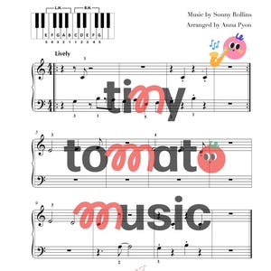Könnte beinhalten: Notenblatt für "St. Thomas" mit Klaviertastenführung. Der Titel steht oben, darunter die Namen des Komponisten und Arrangeurs. Die Worte "tiny tomato music" sind über die Notenblätter geschrieben.