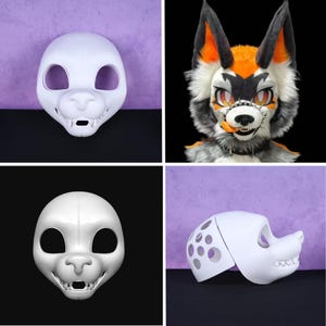 May include: Images showing a white fursuit head in various stages of completion, alongside a finished fursuit head. The unfinished heads are smooth with eye and mouth openings. The completed head has orange, black, and white fur, with detailed features.