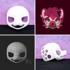 May include: Four images of a white hyena fursuit head base and a digital illustration of a hyena character. The fursuit head base is shown in different stages of completion, including a 3D printed version and a finished version.