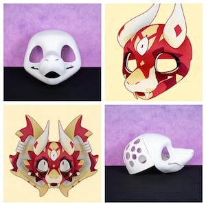 May include: Four images of dragon-themed masks. Two are plain white, one with a bird-like beak. The other two are colourful, with red, yellow, and white designs. One is a full face, and the other is a stylised illustration.