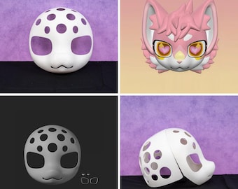 Cabeza de disfraz de gato rosa estilo japonés con base de calavera peluda, impresa en 3D, para cosplay y disfraces de Halloween