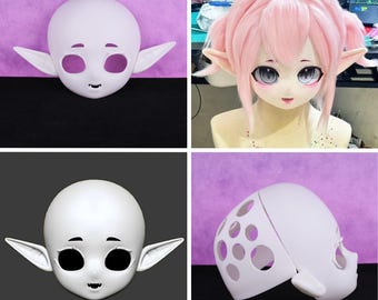 Máscara de cosplay Kigurumi de orejas de elfo impresa en 3D de PLA hecha a mano, base de cara en blanco de anime original OC Fursuit, accesorio DIY estilo Kigurumi, cabeza de fantasía