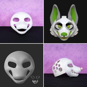May include: A collection of white, 3D-printed animal masks. The masks feature various designs, including a full face with eye and mouth openings, and a stylized canine head with green and gray accents. The masks are designed for cosplay or costume use.