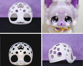 Base de máscara peluda japonesa original con hocico corto y ojos grandes, impresa en 3D, PLA, con frente hueca para pata, tamaño personalizado para creadores de disfraces de furry.