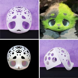 May include: Four images featuring masks and a furry head. The masks are white with black dot patterns and purple or iridescent accents. One image shows a green and grey furry head with large eyes. The backgrounds are purple and black.
