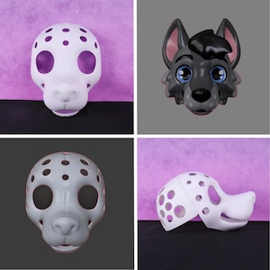 May include: A collage of four images featuring animal-themed masks. The masks include a white spotted dog-like mask, a gray wolf-like mask, and a gray spotted dog-like mask. The masks are made of a hard plastic material.