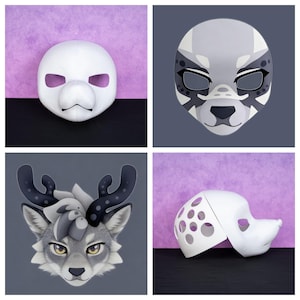 May include: Four images of animal masks. The top left mask is white with a beak-like nose. The top right mask is grey and white with black markings. The bottom left mask is a wolf with antlers. The bottom right mask is white with holes.