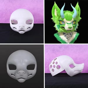 May include: A selection of fursuit heads and components. The image displays a completed green and white fursuit head with blue horns, alongside several unfinished white fursuit head bases. The bases have eye openings and are at different stages.