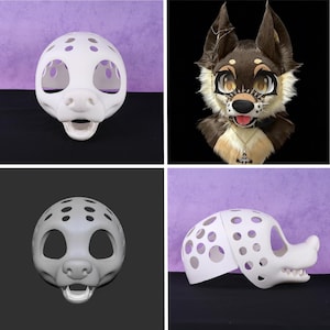 May include: Images of a white, unfinished fursuit head base with openings for eyes, nose, and mouth, resembling a canine. One image shows a completed fursuit head with brown and tan fur, large eyes, and a cross pendant.