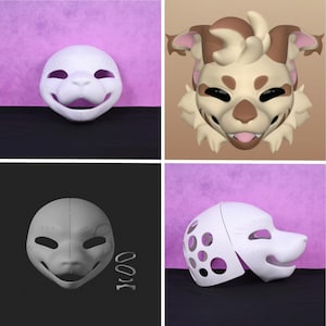 May include: A collection of white and gray animal masks, including a cat, a dog, and a stylized creature. The masks are made of a smooth material and are designed with various facial expressions. Some masks are in pieces.