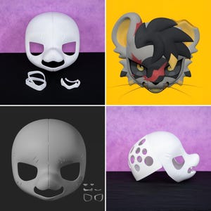 May include: A collection of four images showcasing white, unfinished masks and a cartoon character head. The masks include a full face mask, a split mask, and a mask with cut-out holes. The cartoon head is a stylized cat with yellow, grey, black, and red accents.