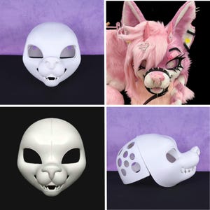 Puede incluir: Cuatro imágenes que muestran cabezas de fursuit blancas. Las imágenes superiores izquierdas e inferiores izquierdas muestran una cabeza completa con aberturas para los ojos, una nariz y una boca con dientes. La imagen superior derecha muestra una cabeza de fursuit rosa con pelo rosa, y la imagen inferior derecha muestra una cabeza parcial.