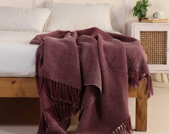 Manta de algodón estilo bohemio con efecto desgastado – Tejido tipo gofre, acogedora para la cama y el sofá.