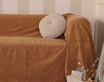 Cotton Couch Cover, Bohemian Terracotta Loose Couch Slipcover, Customize Stonewashed Sofa Covers For Home