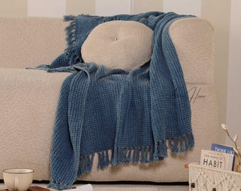 Manta tipo gofre color crepúsculo, suave y acogedora, estilo boho, ideal para sofá y cama.