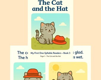 Puede incluir: Una colección de libros educativos para niños titulada My First One-Syllable Readers. La portada y las páginas muestran un gato atigrado gris y un sombrero rojo en un campo. El texto incluye The Cat and the Hat, Página 1, 2 y 9.