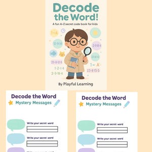 May include: A children's activity book titled "Decode the Word!" with a cartoon illustration of a child holding a magnifying glass. The book includes secret code puzzles and mystery messages. The text "By Playful Learning" is also visible.