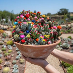 May include: A large terracotta pot overflowing with a variety of cacti, each adorned with vibrant, colorful blooms. The cacti display a range of shapes and sizes, creating a visually rich display. The pot is held by two hands, showcasing the plant arrangement.