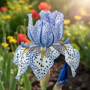 May include: A close-up of a striking iris flower with white petals speckled with blue spots and streaks. The flower has a blue and white patterned center and a yellow stamen. The background is a blurred garden scene with other flowers.