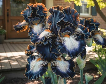 Può includere: Primo piano di diversi fiori di iris blu scuro con petali increspati, bordati di arancione. I petali inferiori sono bianchi con venature blu scuro e arancioni. I fiori sono in un giardino con una porta di legno e una casa sullo sfondo.