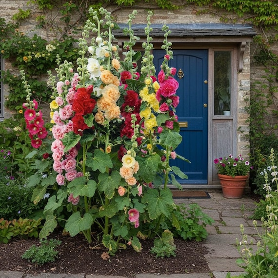 100 Mixed Color Hollyhock Seeds – Large Ruffled Flowers for Summer Blooms