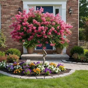 May include: A vibrant front yard landscape featuring a flowering tree with bright pink blooms. The tree is flanked by potted ferns and a colorful flower bed with white, purple, and orange flowers. A brick house and blue door are in the background.