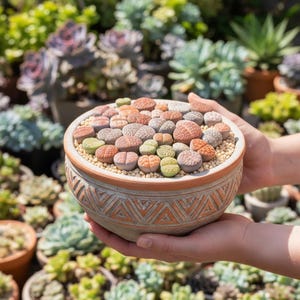 May include: A terracotta-colored ceramic pot with a geometric design holds a collection of colorful living stone succulents. The succulents are in shades of green, orange, and brown. The pot is held by two hands, with other potted plants in the background.