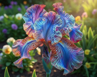 Può includere: Primo piano di un vibrante fiore di iris con petali nelle tonalità del blu, viola e arancione, accentuati da intricate venature rosse. Il fiore è in piena fioritura, con foglie verdi e uno sfondo sfocato del giardino.