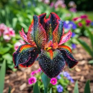 May include: A close-up of a vibrant iris flower with a striking color palette. The petals display a gradient of colors, including black, red, orange, yellow, and green, with delicate white speckles. The flower is in a garden setting with other flowers in the background.