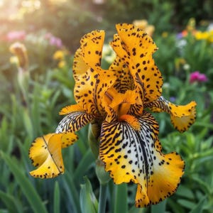 May include: A close-up of a vibrant yellow iris flower with black spots and intricate patterns. The flower's petals are a mix of yellow, black, and white, creating a striking visual contrast. The flower is set against a blurred background of green foliage and other colorful flowers.