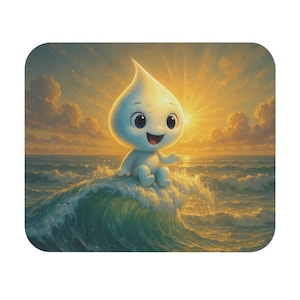 Puede incluir: Ilustración caprichosa de un personaje antropomórfico de gota de agua sonriente sentado sobre una ola oceánica. El fondo presenta una puesta de sol con luz dorada y nubes. El personaje tiene un cuerpo azul claro y ojos grandes y expresivos.