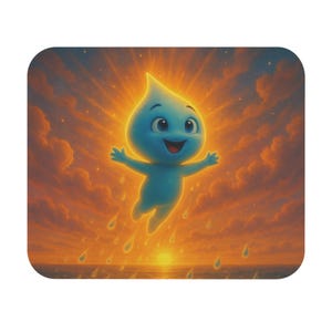 Puede incluir: Ilustración caprichosa de un personaje de gota de agua azul con una cara sonriente, brazos extendidos y un brillo radiante. El fondo presenta una puesta de sol sobre el océano con lluvia.