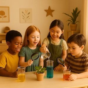 Puede incluir: Cuatro niños participan en un experimento científico. Usan lupas y vierten líquidos en vasos de precipitados. Los líquidos son de varios colores, incluyendo amarillo, azul y naranja. También hay una pequeña planta en una maceta.